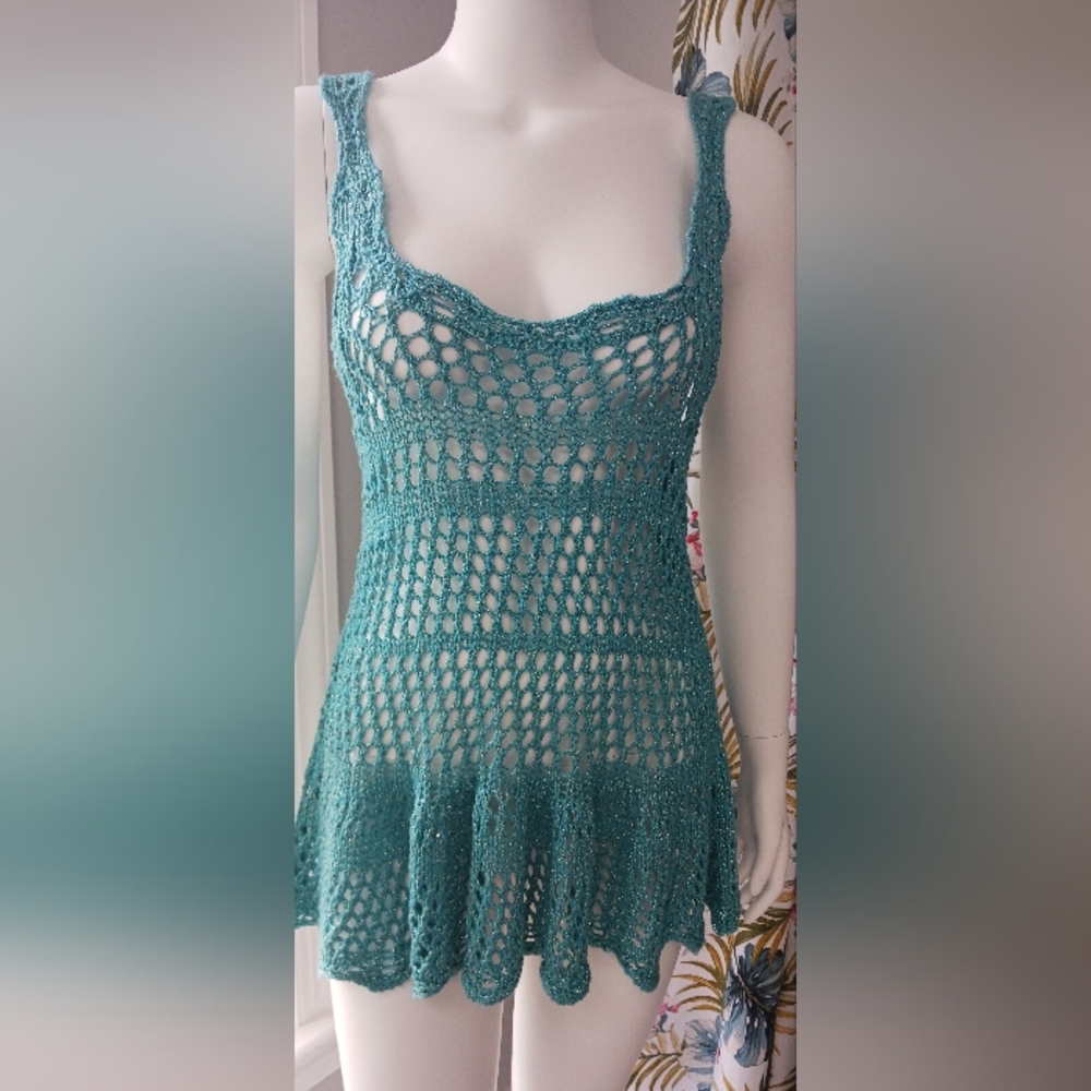Candie's Paradise City Scuba Blue Crochet Metallic Tank Bikini Cover Junior's M